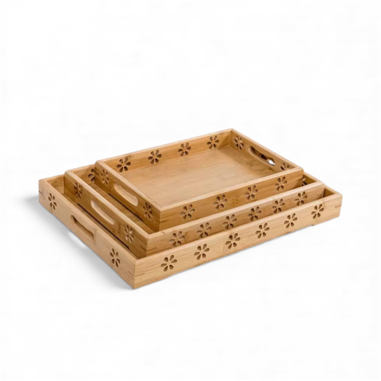 3-Piece Bamboo Serving Tray with Floral Cutout Design